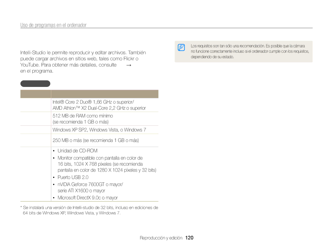 Samsung EC-WB850FBPBAE manual Utilizar Intelli-studio, Uso de programas en el ordenador, Requisitos , Elemento Requisitos 